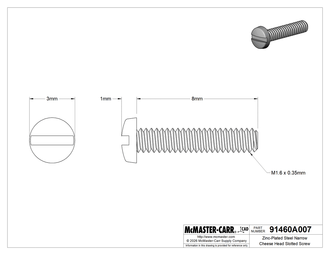 Technical Drawing of Zinc-Plated Steel Narrow Cheese Head Slotted Screw, M1.6 x 0.35 mm Thread, 8 mm Long, 3 mm Head Diameter.